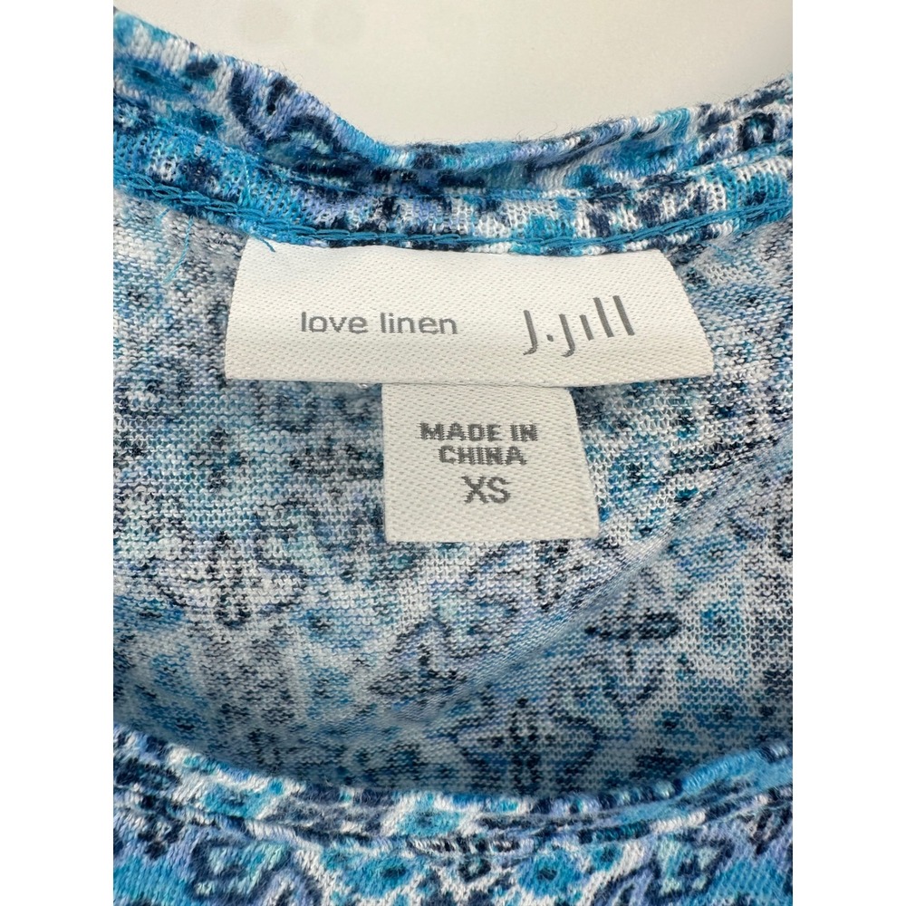 J. Jill Love Linen Blue Medallion Tile Print Short Sleeve Top XS 100% Linen - Picture 2 of 8